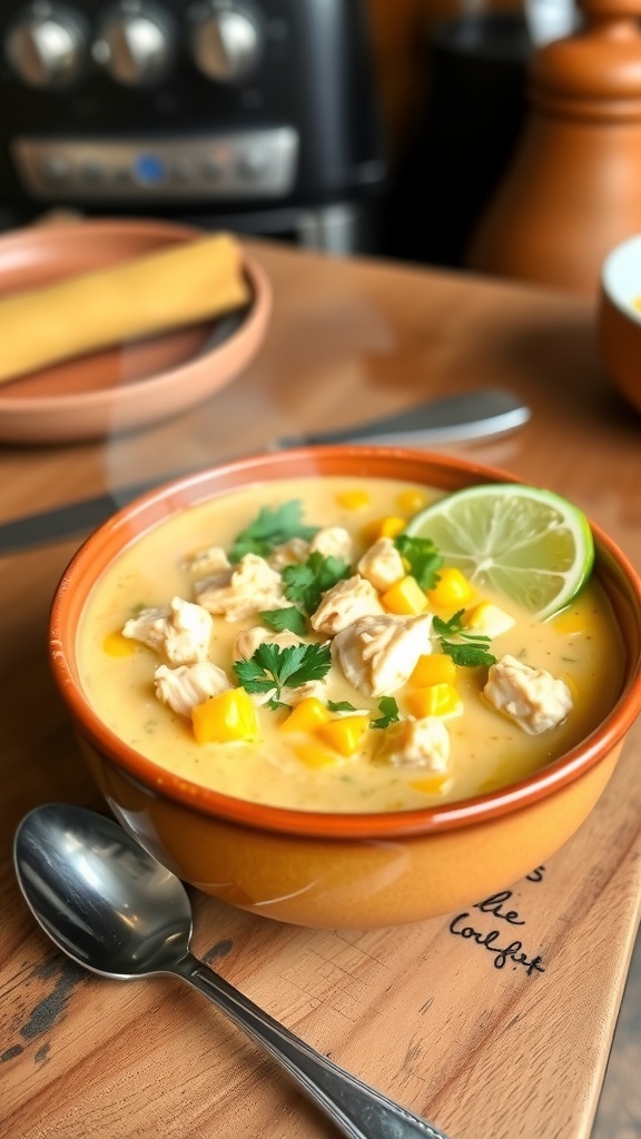 Spicy Chipotle Chicken Corn Chowder Recipe A bowl of creamy chipotle chicken corn chowder garnished with cilantro and lime, on a rustic table.